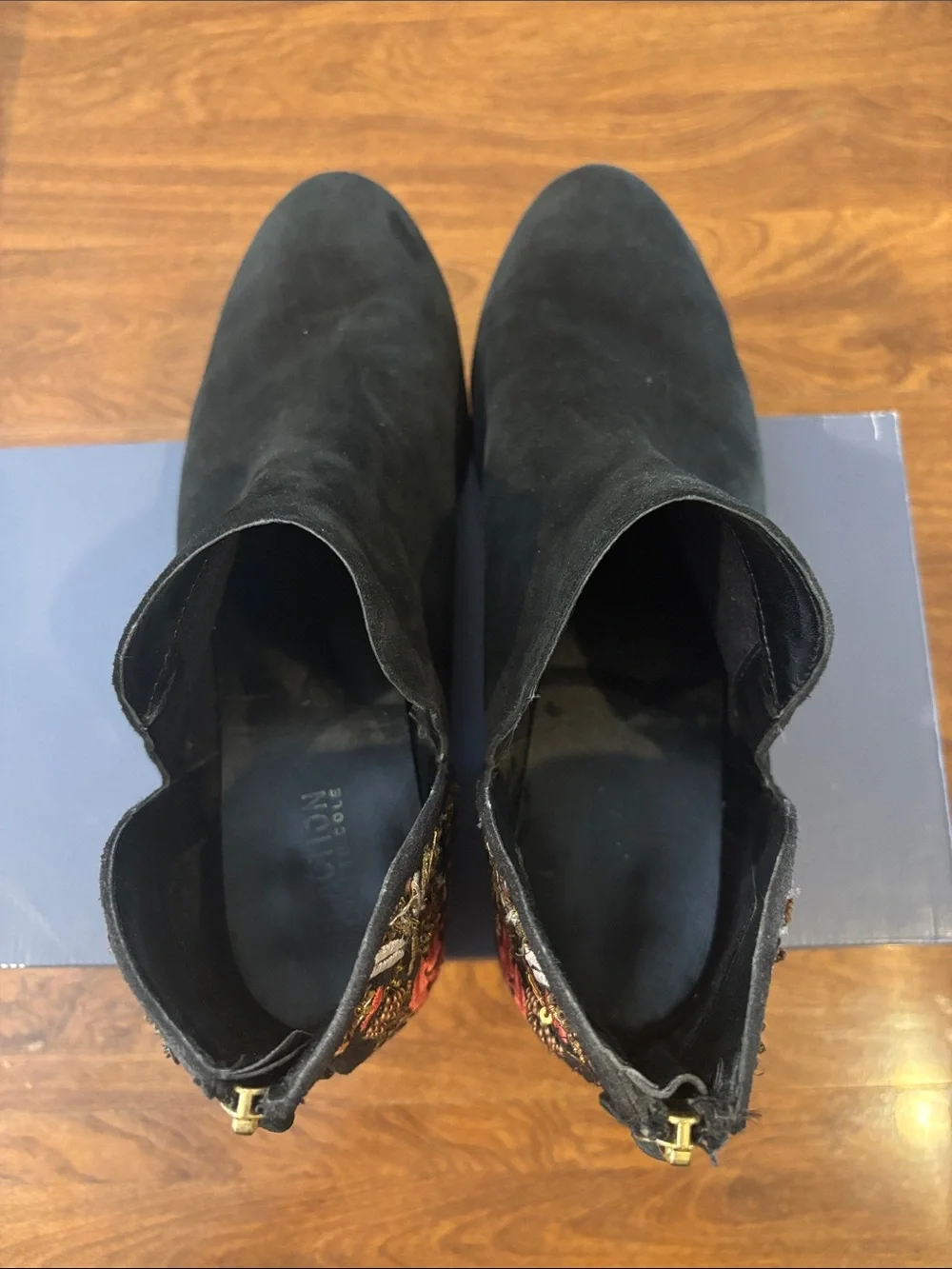 Reaction Kenneth Cole Black Suede Ankle Booties with Embroidered Floral Heel